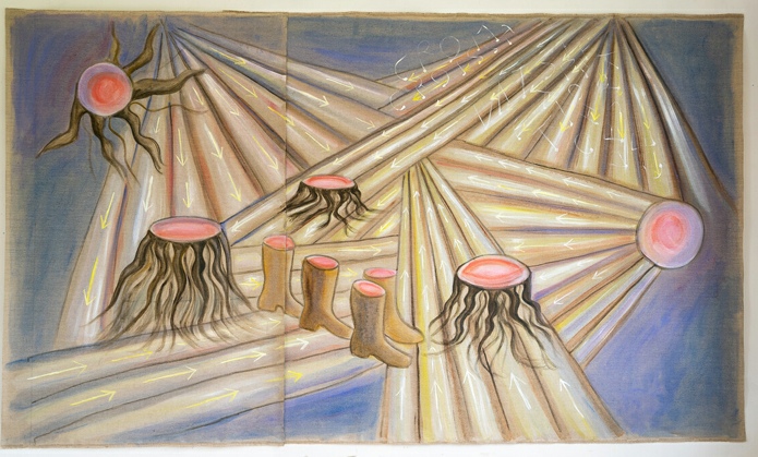 Mathilde Rosier, Champ Solaire 3 [Solar Fields 3], 2023. Acrylic on canvas. 156 x 266 cm. Installation view in the artist’s studio. Courtesy of the artist. 