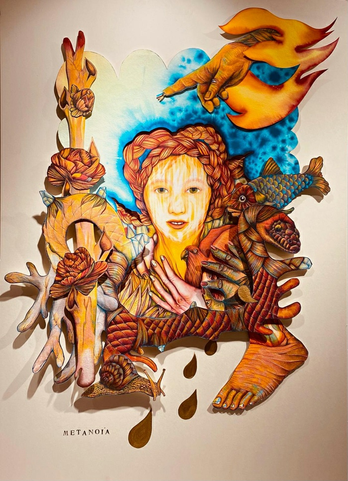 Metanoia - Série Pétrole Rouge - Sémiologique - Image Signe - papier coton et crayon de couleur -140x100cm 2023 ©Aurelie Dubois